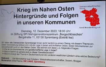 05.12.2023, Werbetafel zur Vortragsveranstaltung am 12.12.2023 im Bergschlösschen im Spremberg TV